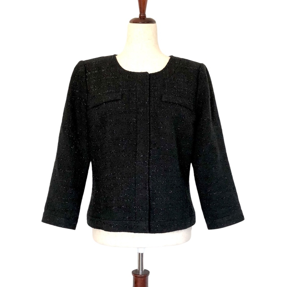 Laundry by Shelli Segal Women’s Collarless Cropped Shimmer Jacket, Black Medium